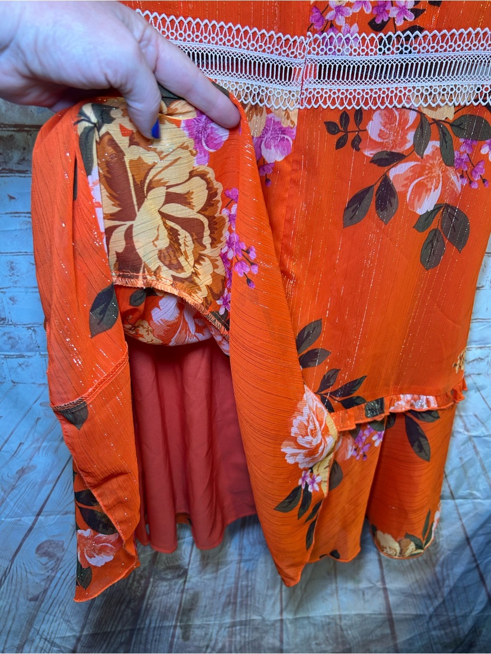 Donna Morgan Sleeveless Orange Floral Tiered Ruffle Lace Eyelet Dress Size 12 - Picture 8 of 8